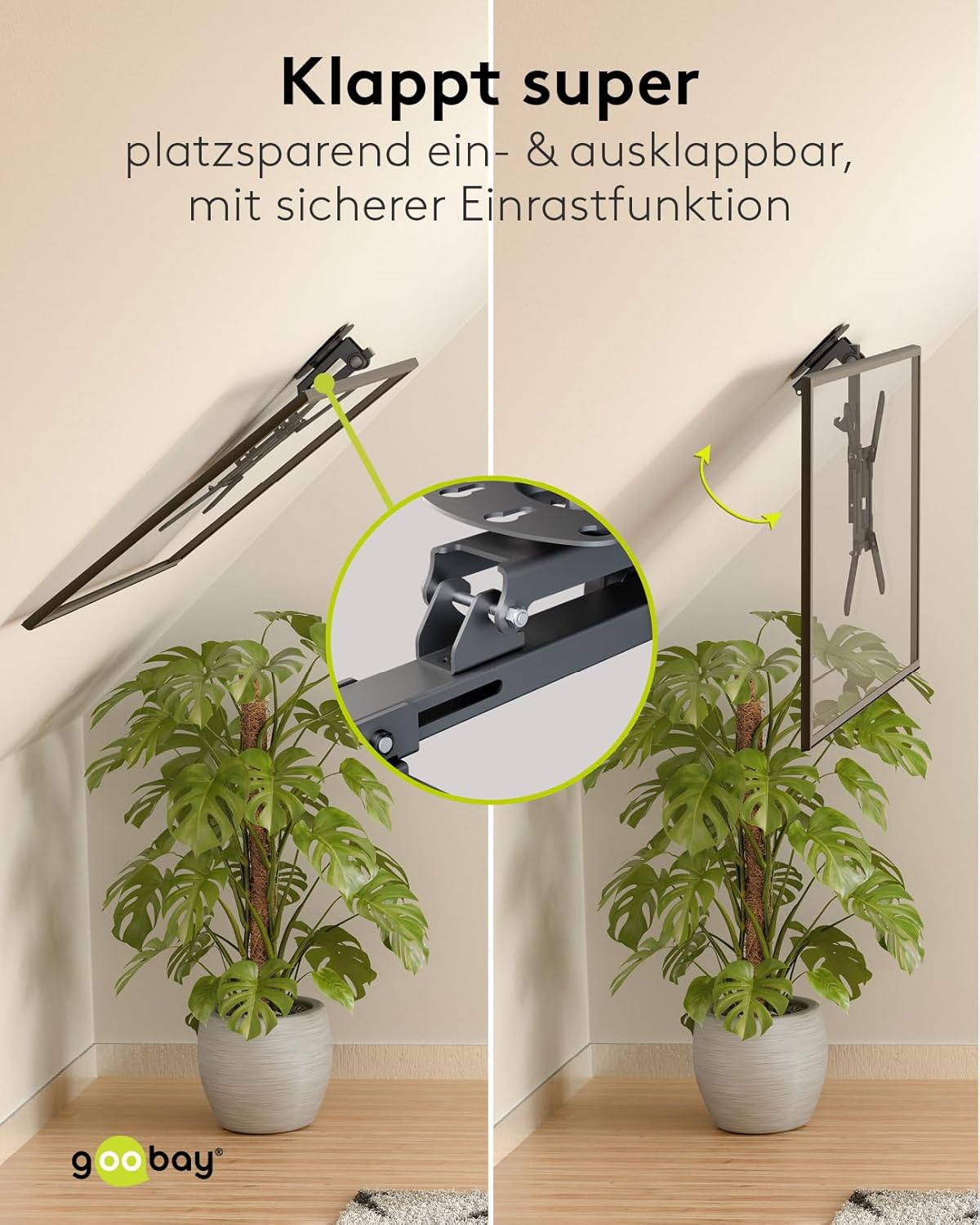 goobay TV-Deckenhalterung für Fernseher von 23 bis 55 Zoll (58 – 140 cm), TV Halterung, max. 20 kg, seitlich schwenkbar, Deckenwinkel einstellbar, mit Hochklapp- und Verriegelungsfunktion