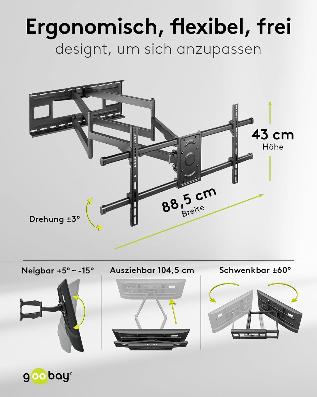 goobay TV-Wandalterung für Fernseher von 43 bis 90 Zoll (109 – 229 cm), TV Halterung, max. 80 kg, ausziehbar bis zu 104,5 cm, voll beweglich (schwenkbar und neigbar)