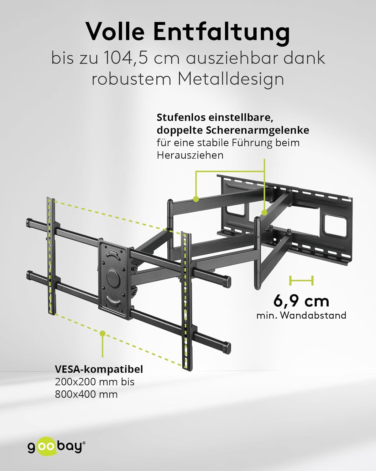 goobay TV-Wandalterung für Fernseher von 43 bis 90 Zoll (109 – 229 cm), TV Halterung, max. 80 kg, ausziehbar bis zu 104,5 cm, voll beweglich (schwenkbar und neigbar)
