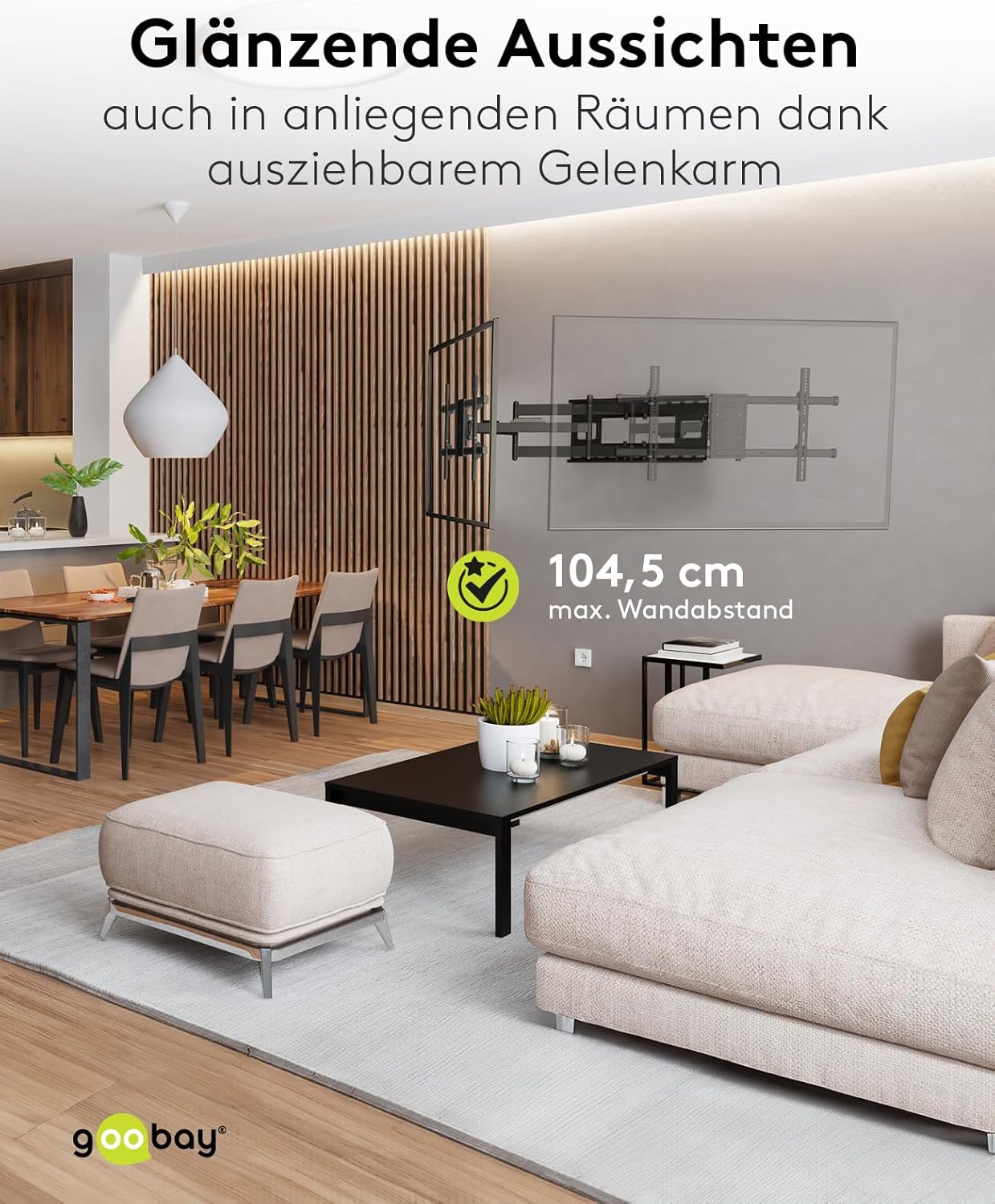 goobay TV-Wandalterung für Fernseher von 43 bis 90 Zoll (109 – 229 cm), TV Halterung, max. 80 kg, ausziehbar bis zu 104,5 cm, voll beweglich (schwenkbar und neigbar)