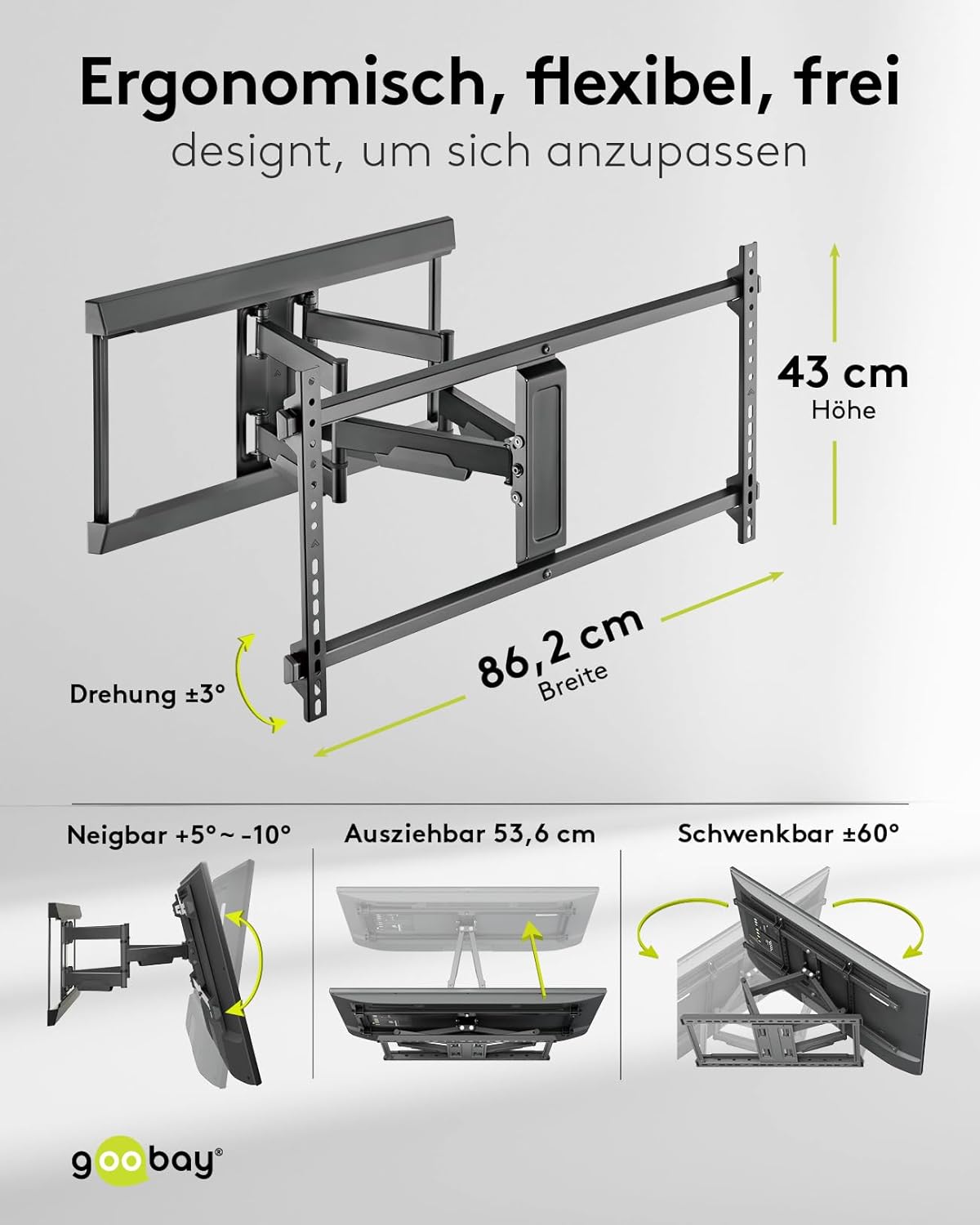 goobay TV-Wandhalterung für Fernseher von 43 bis 90 Zoll (109 – 229 cm), TV Halterung, max. 60 kg, vollbeweglich (schwenkbar, neigbar, seitlich verschiebbar)