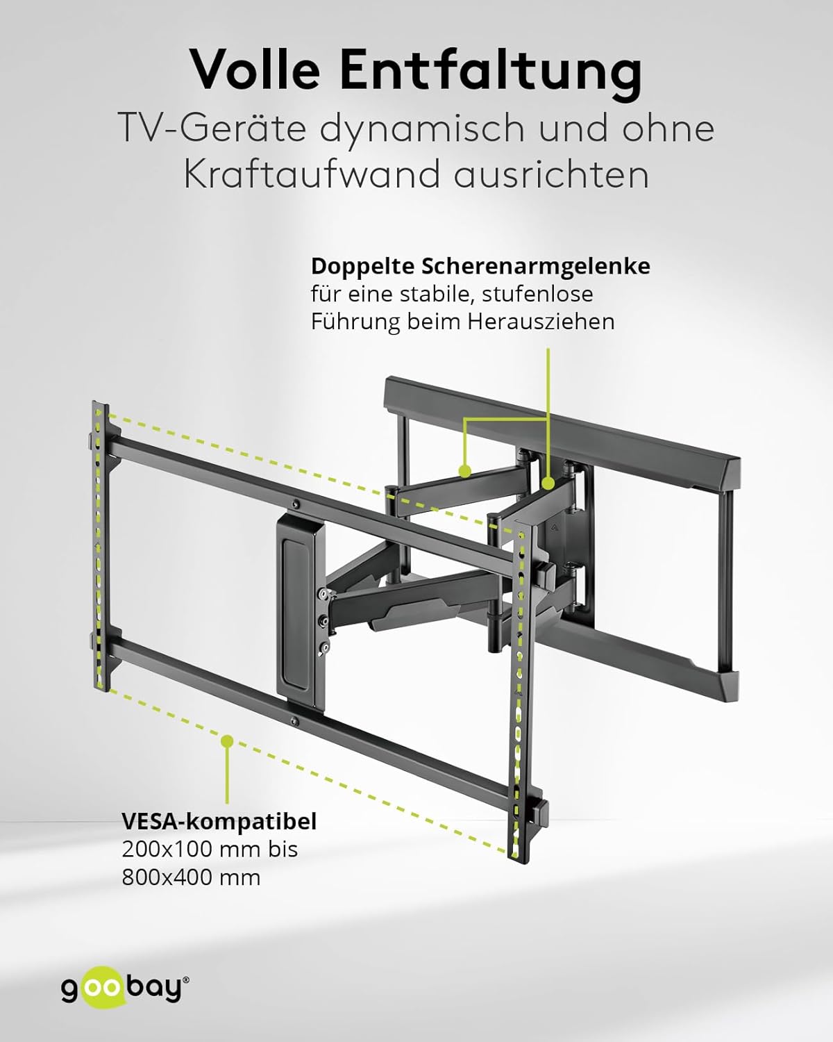 goobay TV-Wandhalterung für Fernseher von 43 bis 90 Zoll (109 – 229 cm), TV Halterung, max. 60 kg, vollbeweglich (schwenkbar, neigbar, seitlich verschiebbar)
