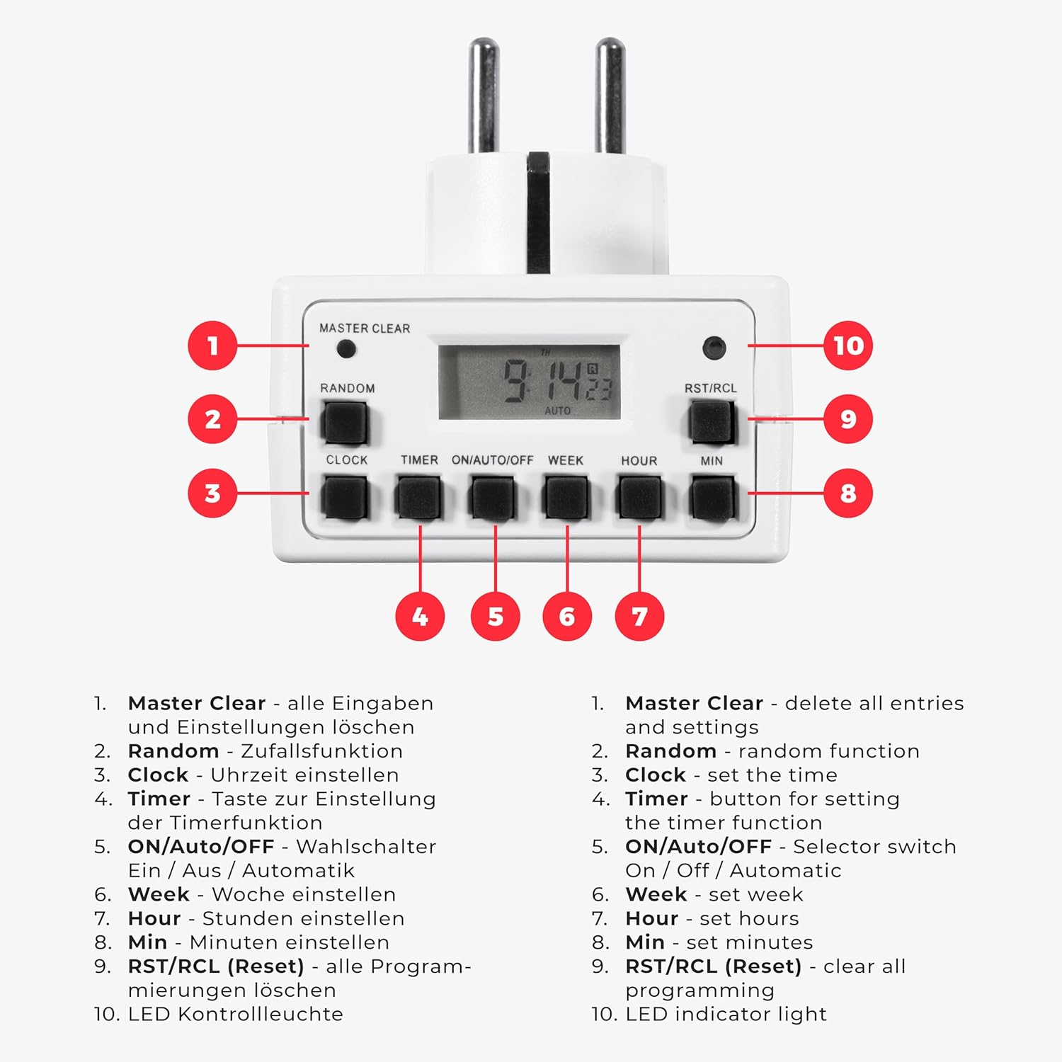 MC Power - Digitale Zeitschaltuhr Steckdose | AZ-53 | 10 Schaltprogramme, 12/24 Std. Zyklus, programmierbar mit Backup-Batterie, energiesparender Timer für Haushalt, Büro