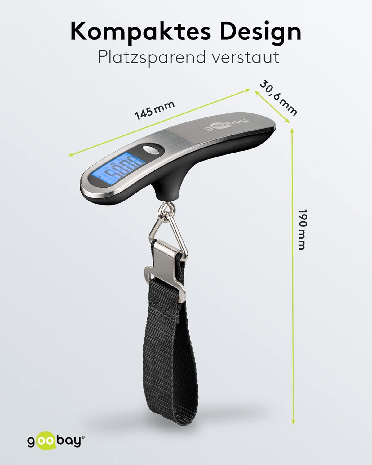 Digitale Kofferwaage Gepäckwaage mit heller LCD-Anzeige und Tara-Funktion für Gepäck bis 50kg, bequemer Handgriff liegt perfekt in der Hand, für Reisen / Familienleben geeignet, Silber