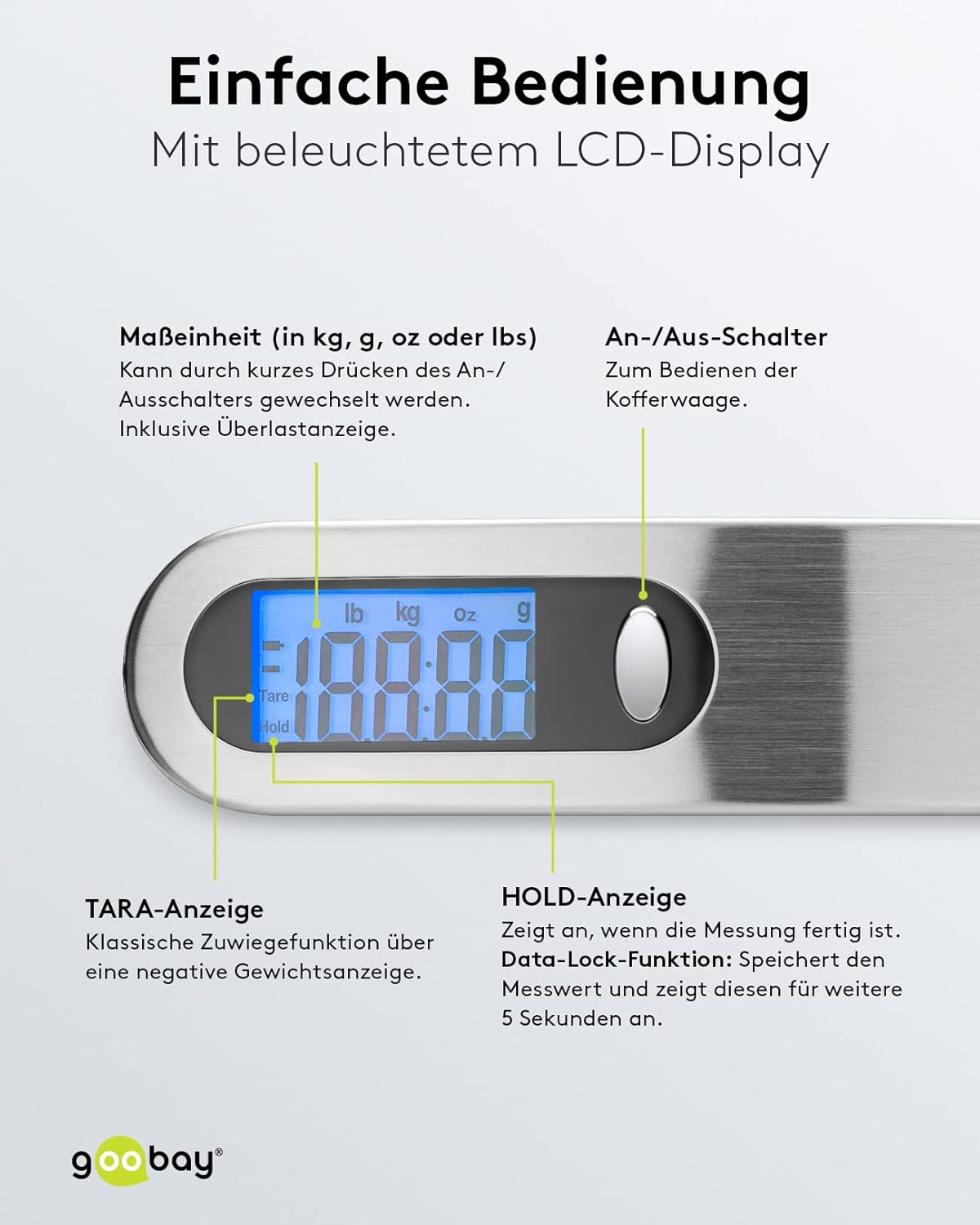 Digitale Kofferwaage Gepäckwaage mit heller LCD-Anzeige und Tara-Funktion für Gepäck bis 50kg, bequemer Handgriff liegt perfekt in der Hand, für Reisen / Familienleben geeignet, Silber