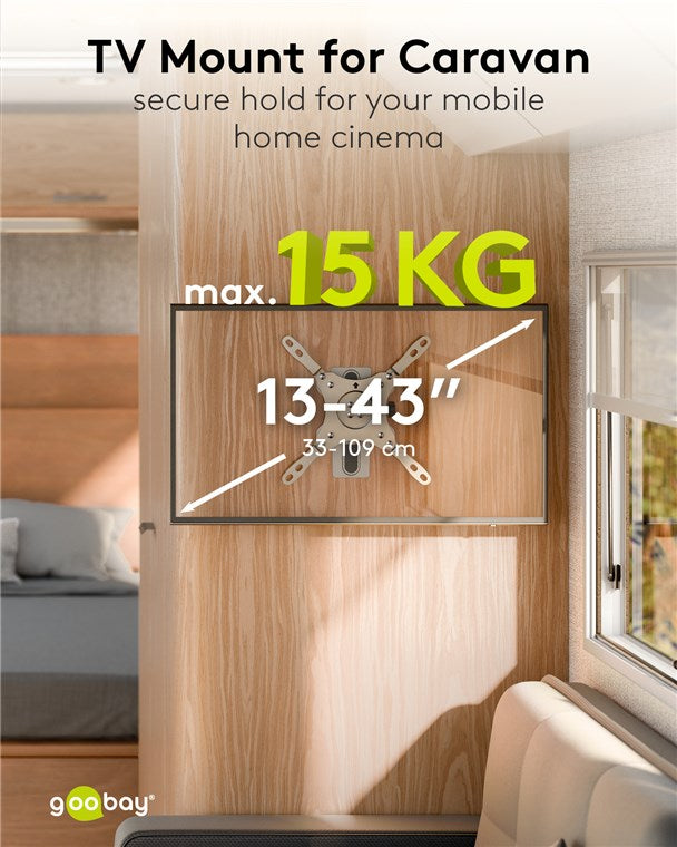 goobay TV Wandhalterung für Wohnwagen / schwenkbar & neigbar / max. 15kg / 13-43 Zoll / bis VESA 200x200mm kompatibel / für Wohnmobile, Wandhalterung Fernseher Samsung, Sony, Philips