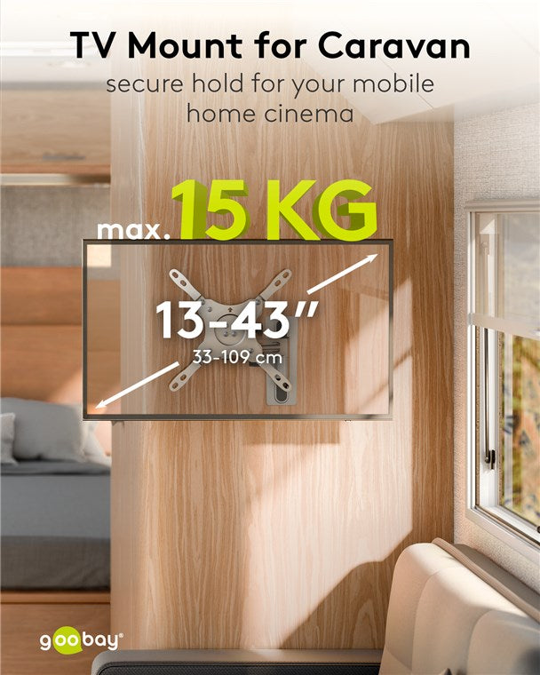 goobay Universal TV Wandhalter / schwenkbar, neigbar, ausziehbar bis 23,6cm / max. 15kg / 13-43 Zoll / bis VESA 200x200mm kompatibel / für Wohnmobile geeignet