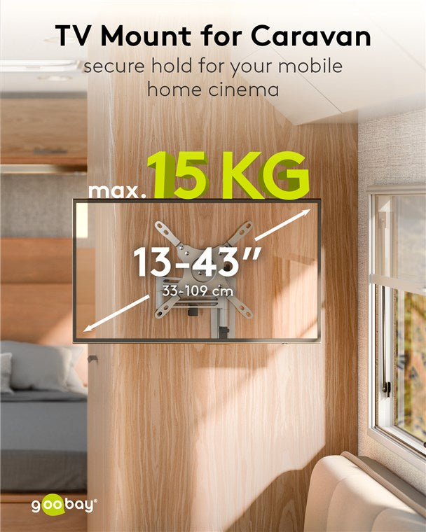 goobay Universal TV Wandhalter / schwenkbar & neigbar, ausziehbar bis 38,6cm / max. 15kg / 13-43 Zoll / kompatibel bis VESA 200x200mm / für Wohnmobile geeignet