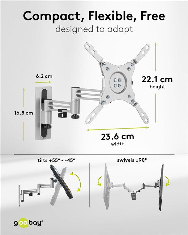 goobay Universal TV Wandhalter / schwenkbar & neigbar, ausziehbar bis 38,6cm / max. 15kg / 13-43 Zoll / kompatibel bis VESA 200x200mm / für Wohnmobile geeignet