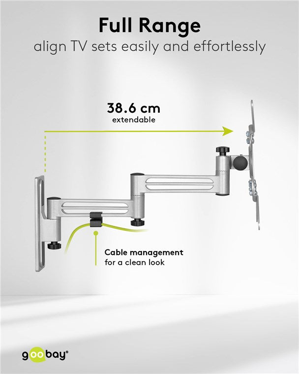 goobay Universal TV Wandhalter / schwenkbar & neigbar, ausziehbar bis 38,6cm / max. 15kg / 13-43 Zoll / kompatibel bis VESA 200x200mm / für Wohnmobile geeignet