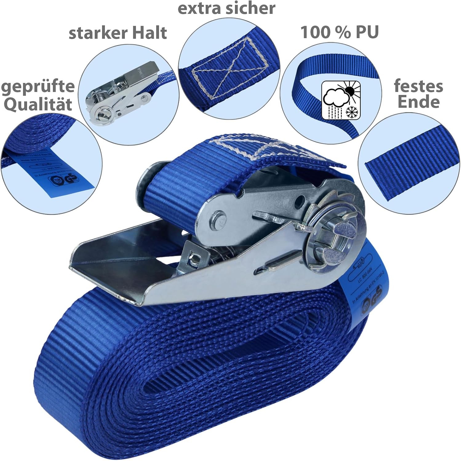 Spanngurt mit Ratsche Zurrgurt 4er Set Ratschengurt DIN EN 12195-2 blau, 25 mm breit - belastbar bis 800 kg, 4er Pack 2.5 cm x 4 m