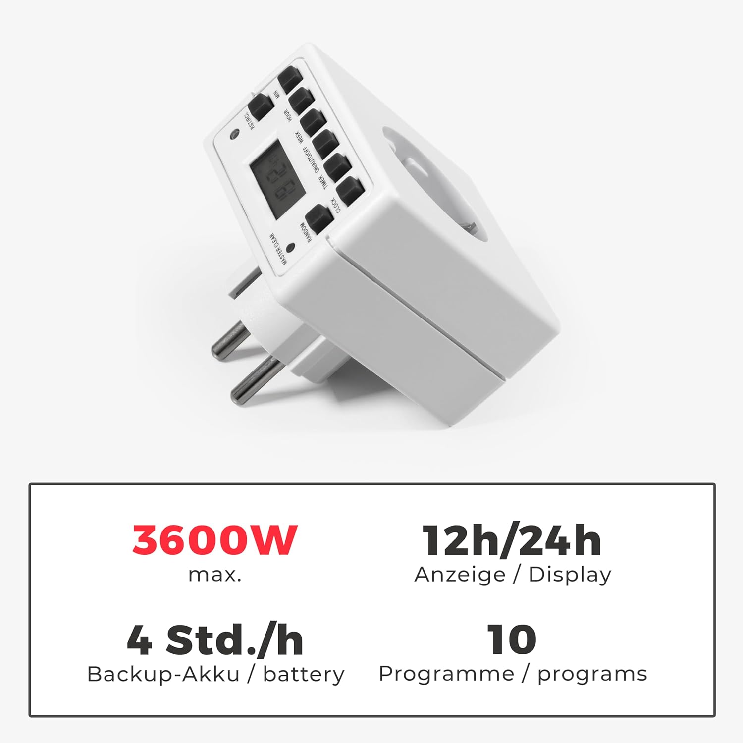MC Power - Digitale Zeitschaltuhr Steckdose | AZ-53 | 10 Schaltprogramme, 12/24 Std. Zyklus, programmierbar mit Backup-Batterie, energiesparender Timer für Haushalt, Büro