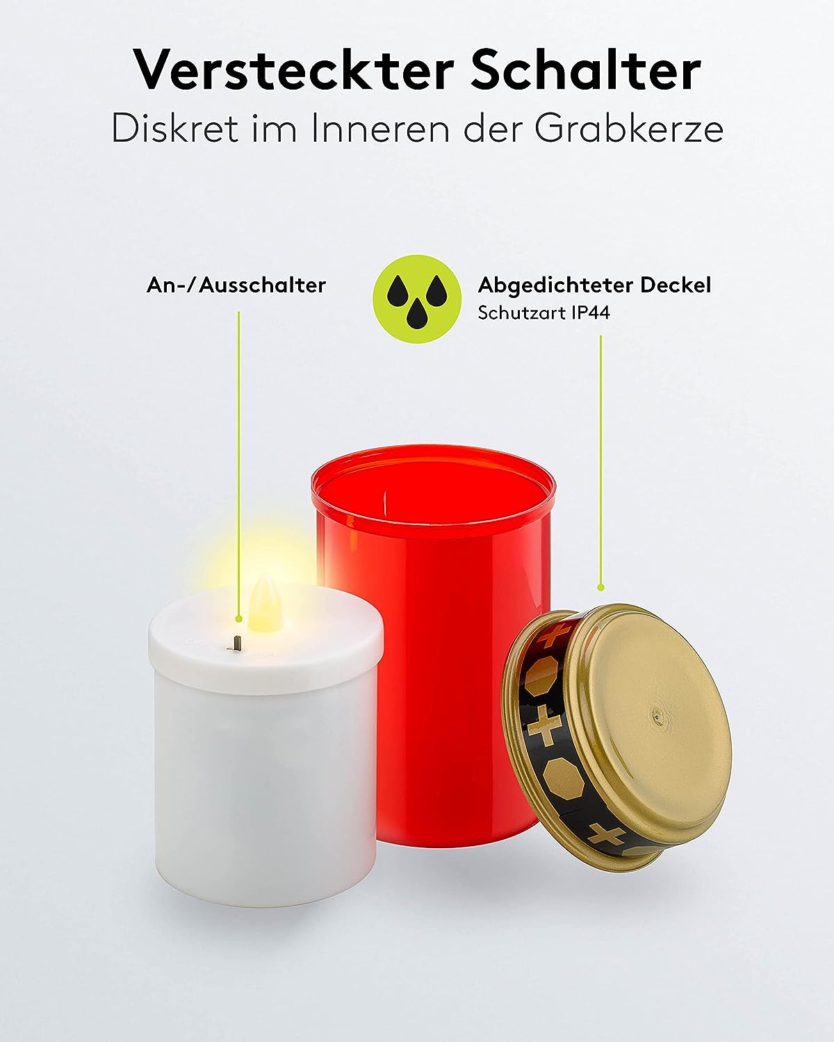 LED Grablicht mit Batterie/LED Grabkerzen Outdoor/Friedhof Kerzen/Grablichter/Ewiges Licht/Grablampe/Rot/Batteriebetrieben 2x AA Mignon (Nicht im Lieferumfang enthalten)