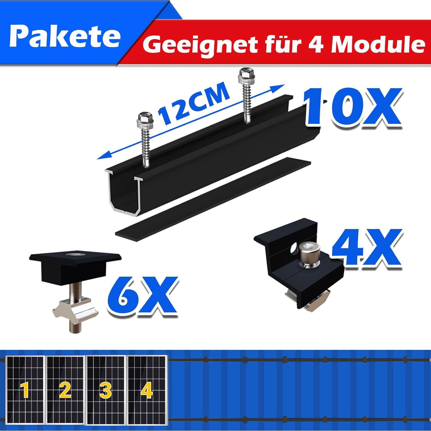 Solarmodul Halterung Montageset, Schwarzes 12CM Aluprofil und Verstellbare Klammern Befestigung für Solarmodul, Solarpanel Halterung 4 Modul 30-35MM für Flachdach Trapezblech Blechdach