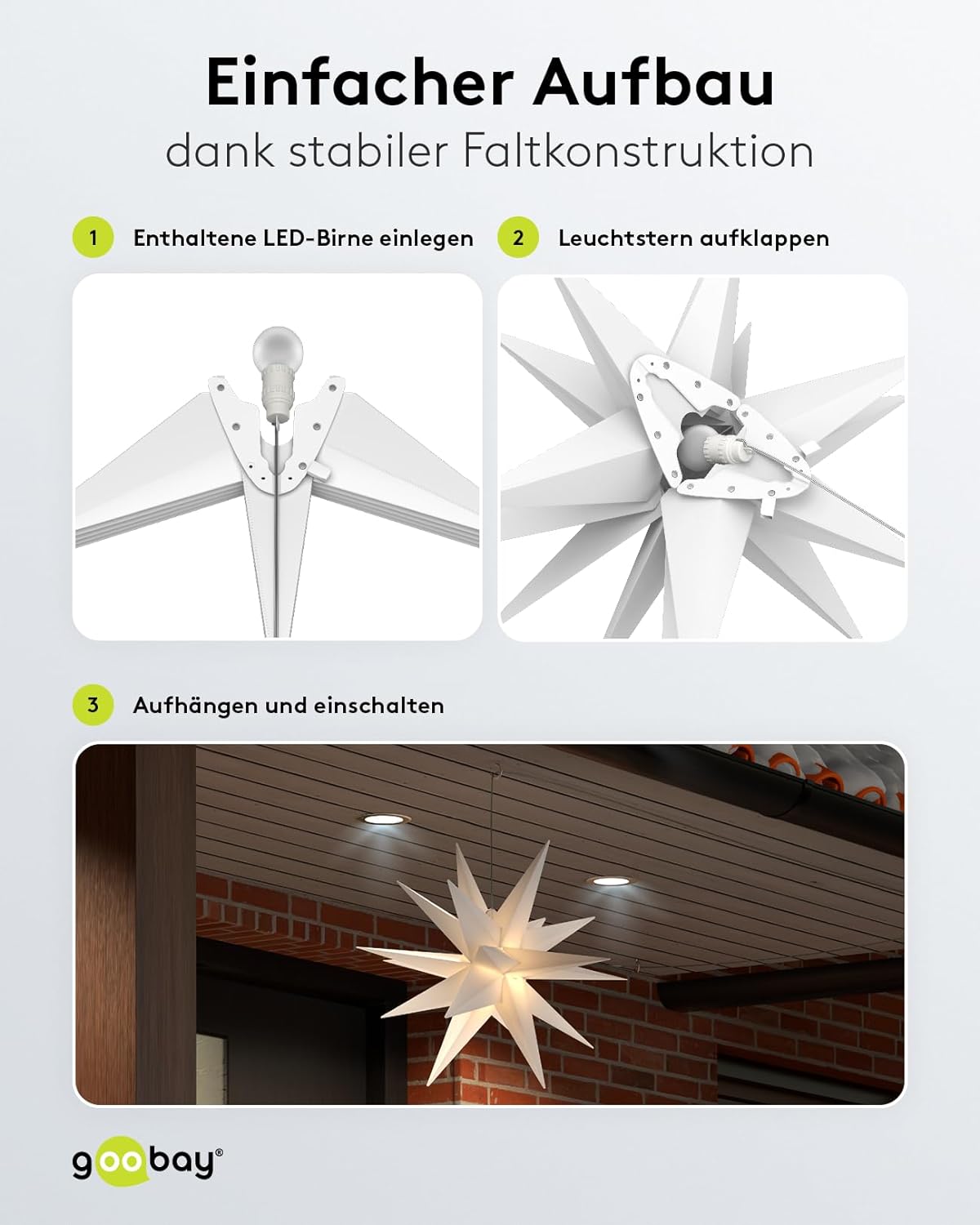 LED Weihnachtsstern 3D Ø 56 cm / Stern mit 18 Zacken und Timer / Weihnachtsdeko/LED Stern für stimmungsvolle Atmosphäre / 4,5-V-Außentrafo / Wanddeko / Leuchtstern / weiß