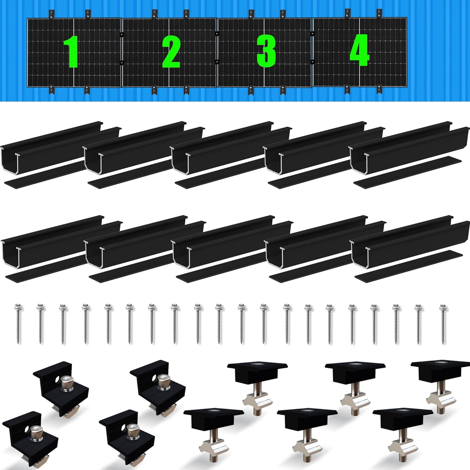 Solarmodul Halterung Montageset, Schwarzes 12CM Aluprofil und Verstellbare Klammern Befestigung für Solarmodul, Solarpanel Halterung 4 Modul 30-35MM für Flachdach Trapezblech Blechdach