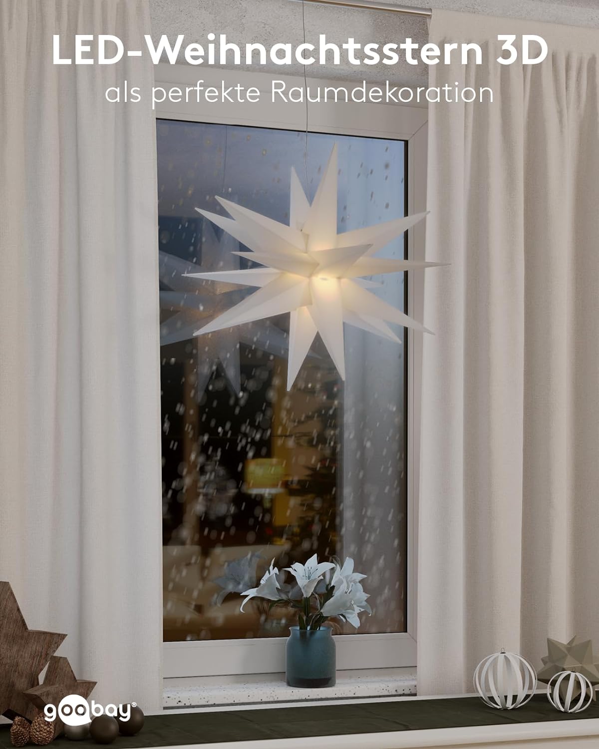 LED Weihnachtsstern 3D Ø 56 cm / Stern mit 18 Zacken und Timer / Weihnachtsdeko/LED Stern für stimmungsvolle Atmosphäre / 4,5-V-Außentrafo / Wanddeko / Leuchtstern / weiß