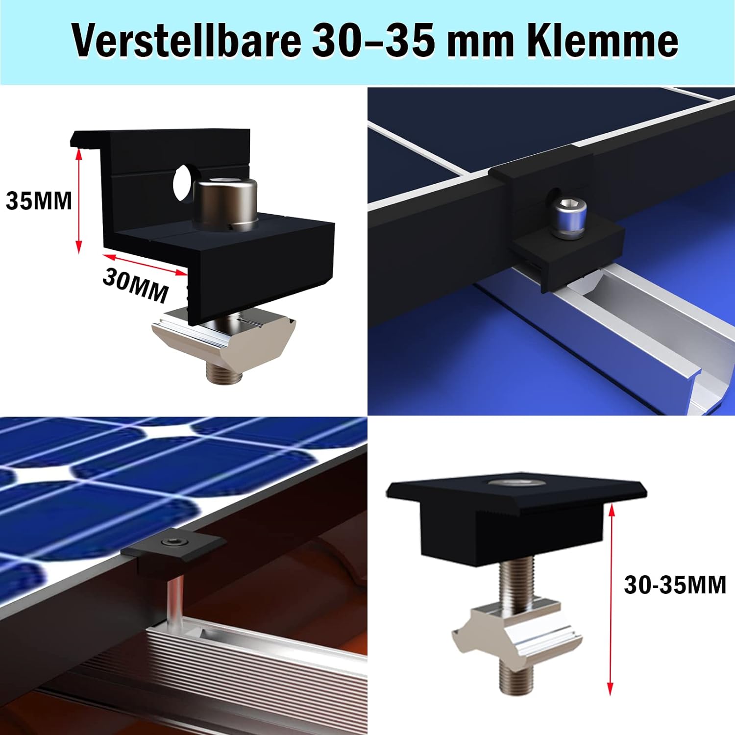 Solarmodul Halterung Flachdach, Alu Photovoltaik Montageschiene 12CM, Verstellbare Schwarz Klemme für 30-35MM Dicke Module, Solarpanel Halterung Montageset 2 Module Geeignet für Flachdach Trapezdach