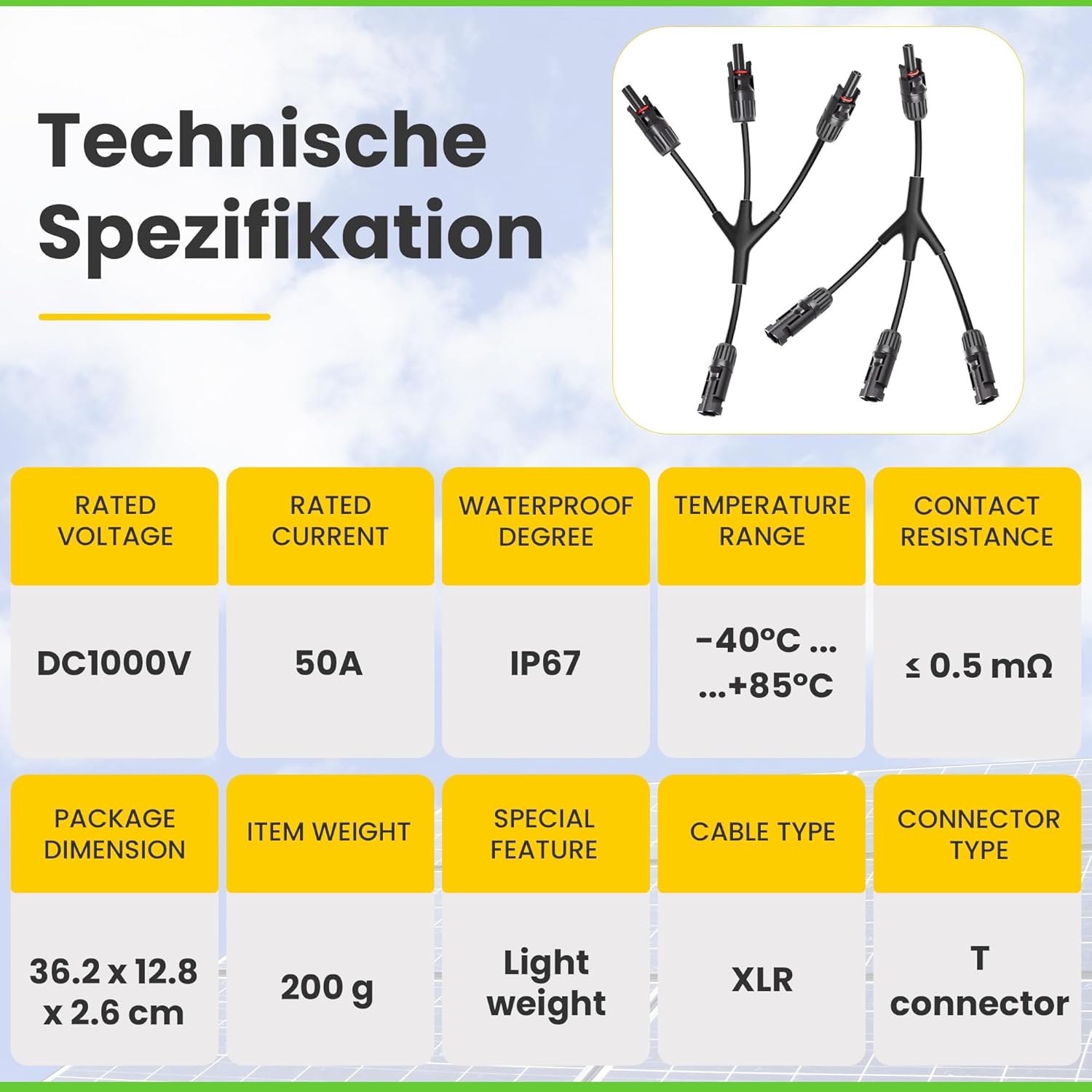 3-fach T-Verbinder-Set für Solarmodule mit 54 cm 6 mm² Kabelverlängerung, Snap-In Verriegelung, Easy-Click System, IP67 Schutzklasse, bis zu 1000V DC, für Outdoor-Solaranlagen (1 Paar)