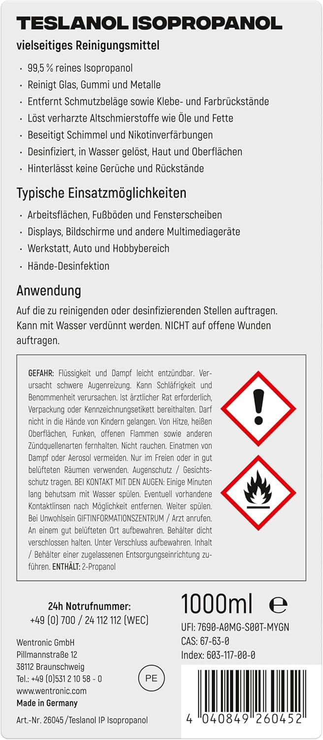 TESLANOL 26045 Isopropanol 1l 99,5 % Alkohol Reiniger zum Entfetten & Reinigen von Oberflächen Desinfektionsmittel / Reinigungsalkohol / Flächendesinfektionsmittel / 1000ml