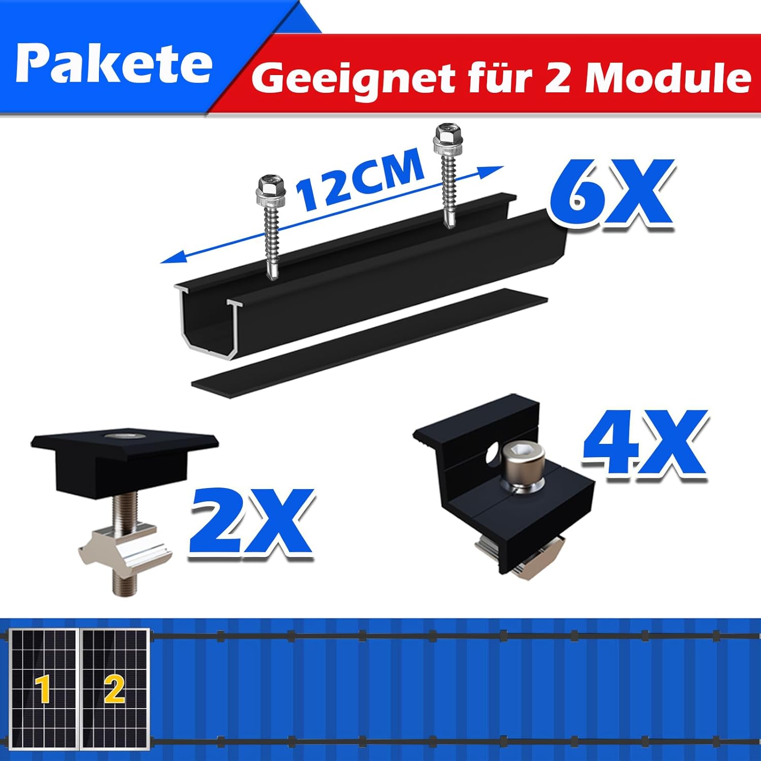 Solarmodul Halterung Montageset, Schwarzes 12CM Aluprofil und Verstellbare Klammern Befestigung für Solarmodul, Solarpanel Halterung 2 Modul 30-35MM für Flachdach Trapezblech Blechdach