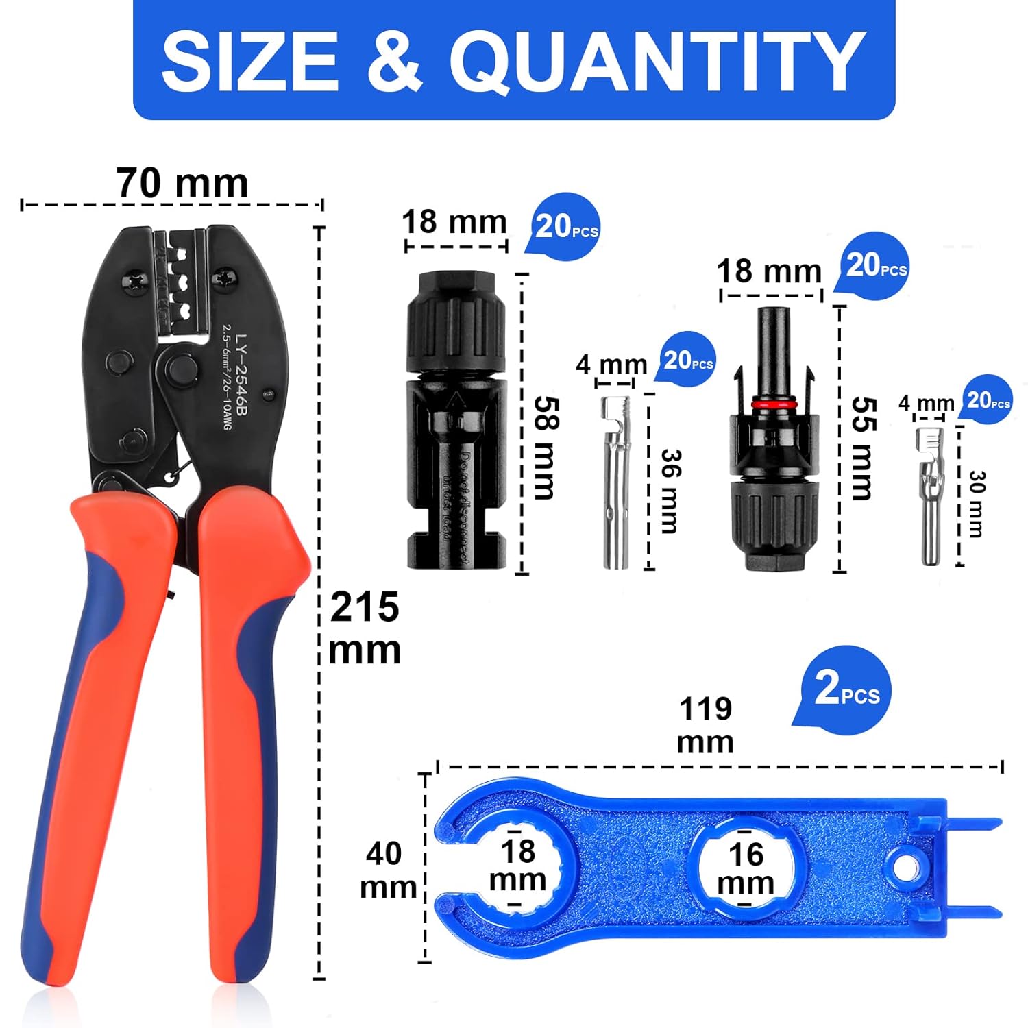 20 Paar Solarstecker Crimpzange Set für 2.5/4/6mm² Solarpanel Kabel, Männlich/Weiblich Photovoltaik Solarpanel Stecker Steckverbinder, Solarpanel Kabel Stecker mit Schraubenschlüssel-43pcs