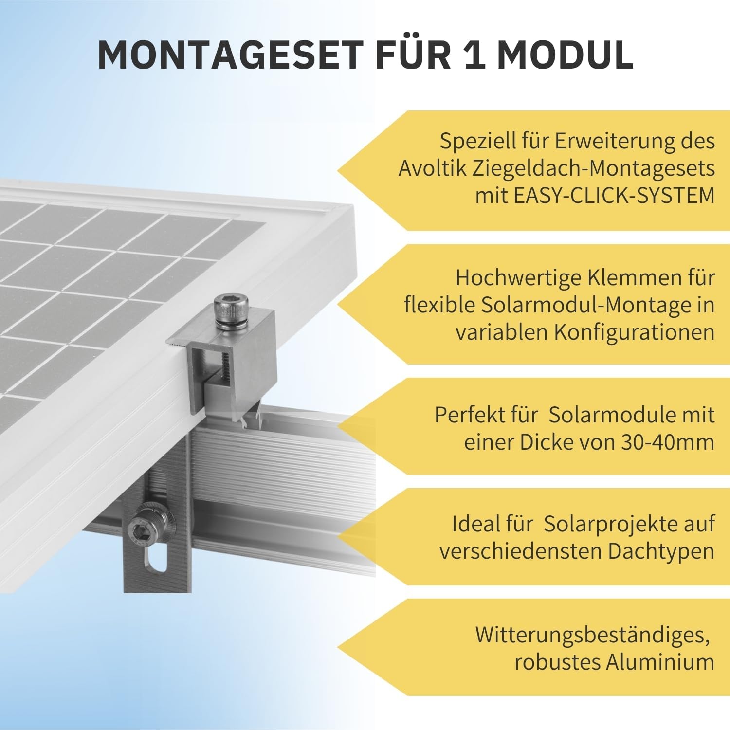 Solar Halterung Ziegeldach I Set für 1 PV Module 30-40mm I silber I Solarmodul Halterung Balkonkraftwerk I Solarmodulbefestigungsset für Ziegeldächer aus Edelstahl