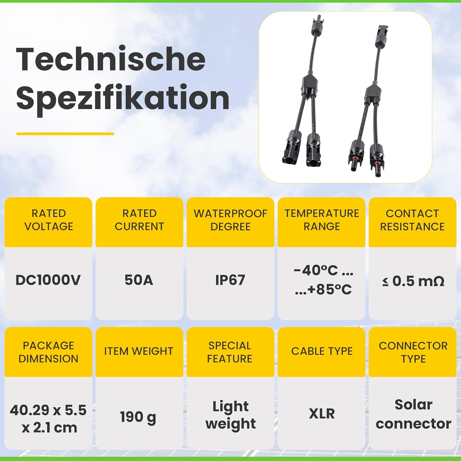 2-Wege Y-Verbinder-Set für Solarmodule mit 34 cm 6mm² Kabelverlängerung, Snap-In Verriegelung, Easy-Click System, IP67 Schutzklasse, bis zu 1000V DC, für Outdoor-Solaranlagen (1 Paar)