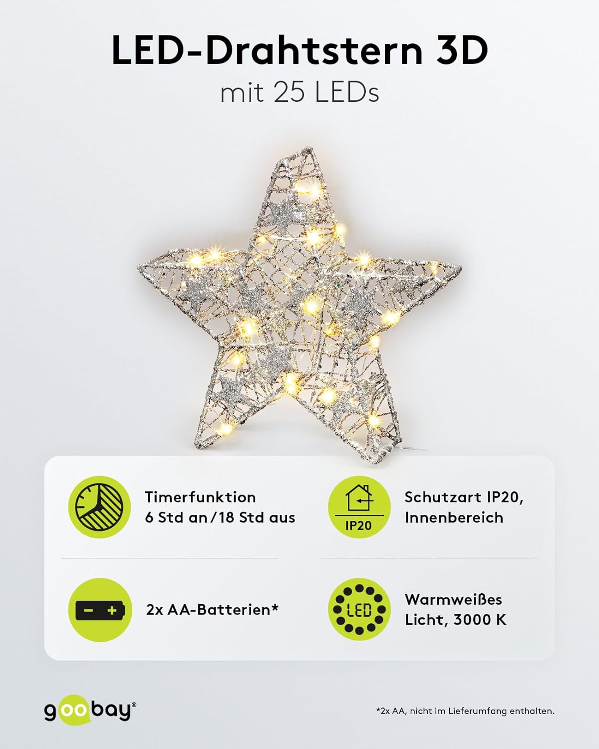 LED Drahtstern 3D / Weihnachtsdeko/Weihnachtsstern mit Timer/Integrierte LED Lichterkette/verwendbar als Tischlampe, Deko im Winter und Weihnachten/Beleuchtung batteriebetrieben