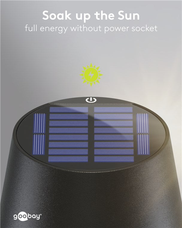 LED Tischleuchte Solar/stufenlos dimmbar mit Touch Steuerung/Kabellose LED Akku Tischlampe für Innen und Außen IP44 / 150lm und 3000K warmweiß, USB-C, Schwarz