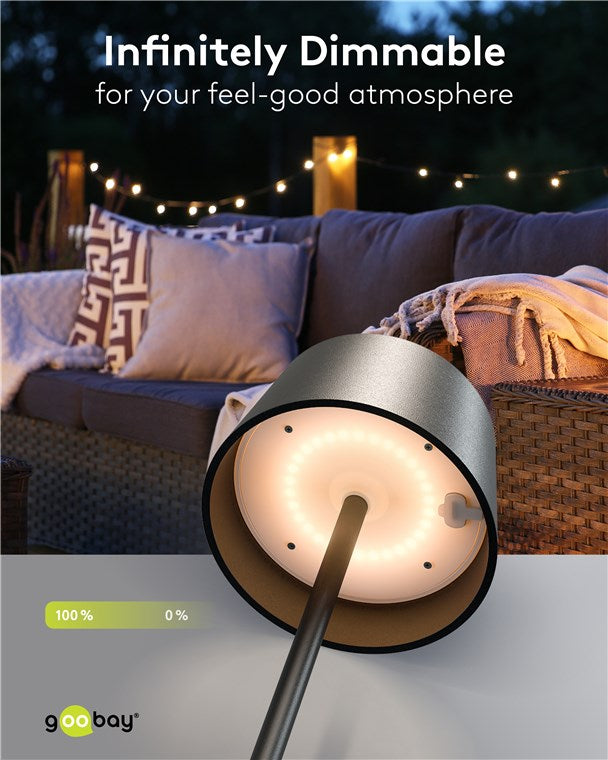 LED Tischleuchte Solar/stufenlos dimmbar mit Touch Steuerung/Kabellose LED Akku Tischlampe für Innen und Außen IP44 / 150lm und 3000K warmweiß, USB-C, Schwarz