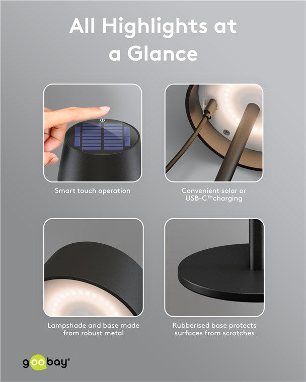 LED Tischleuchte Solar/stufenlos dimmbar mit Touch Steuerung/Kabellose LED Akku Tischlampe für Innen und Außen IP44 / 150lm und 3000K warmweiß, USB-C, Schwarz