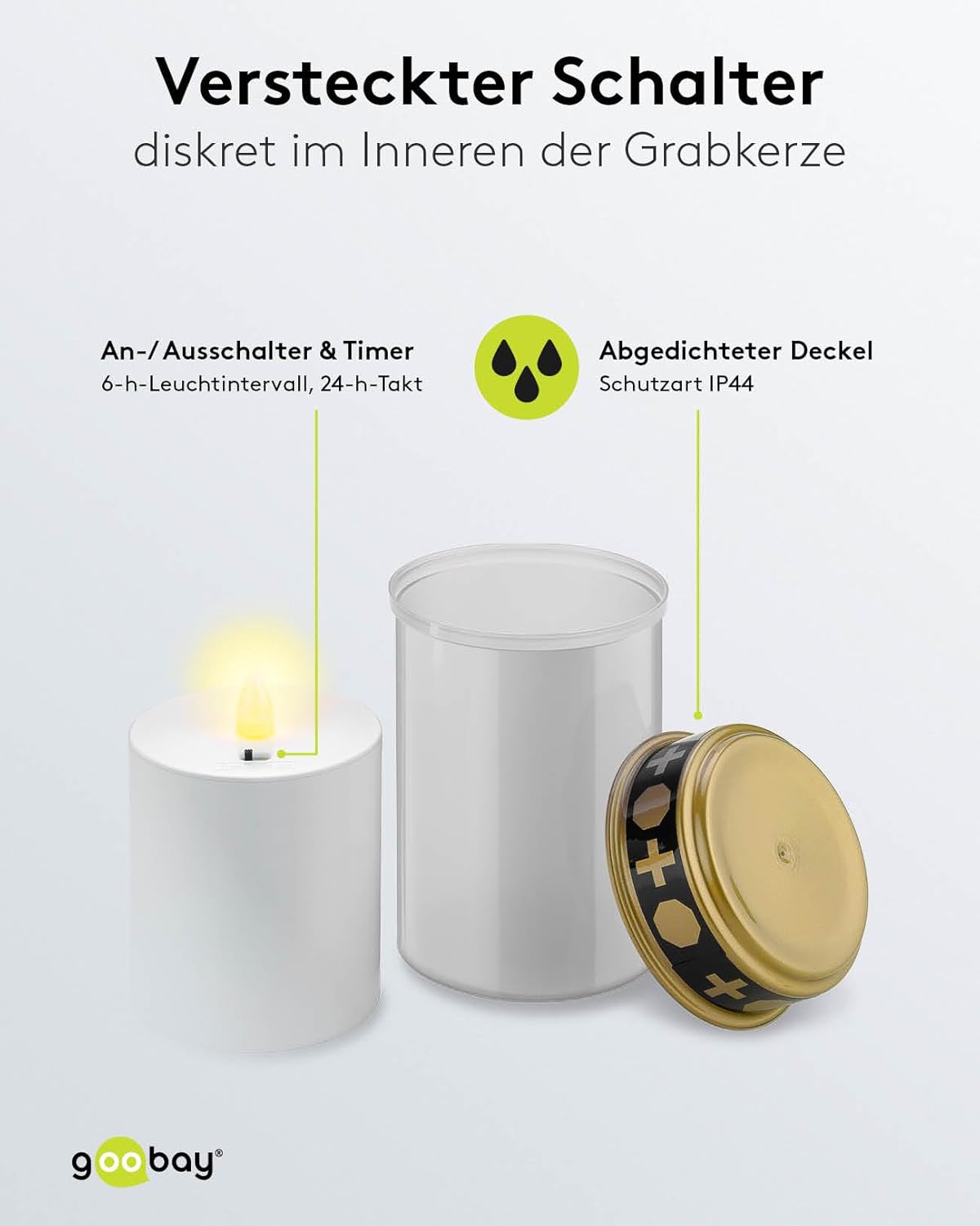 LED Grablicht mit Timer/Batteriebetrieben/LED Grabkerzen Outdoor/Friedhof Kerzen/Grablichter/Ewiges Licht/Grablampe/Weiß/Batterie 2x C/LR14 (Nicht im Lieferumfang)