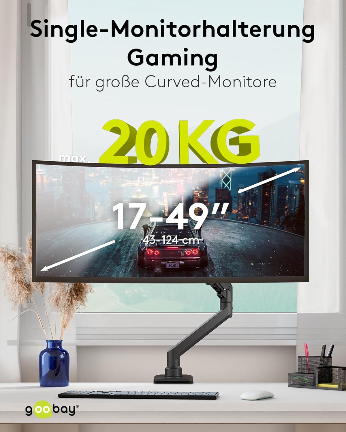 goobay Monitorhalterung mit Gasdruckfeder, für XL-Bildschirme von 17 bis 49 Zoll (43-124 cm), max. 20 kg, Gaming- und Curved Monitore, VESA 75/100mm, schwarz