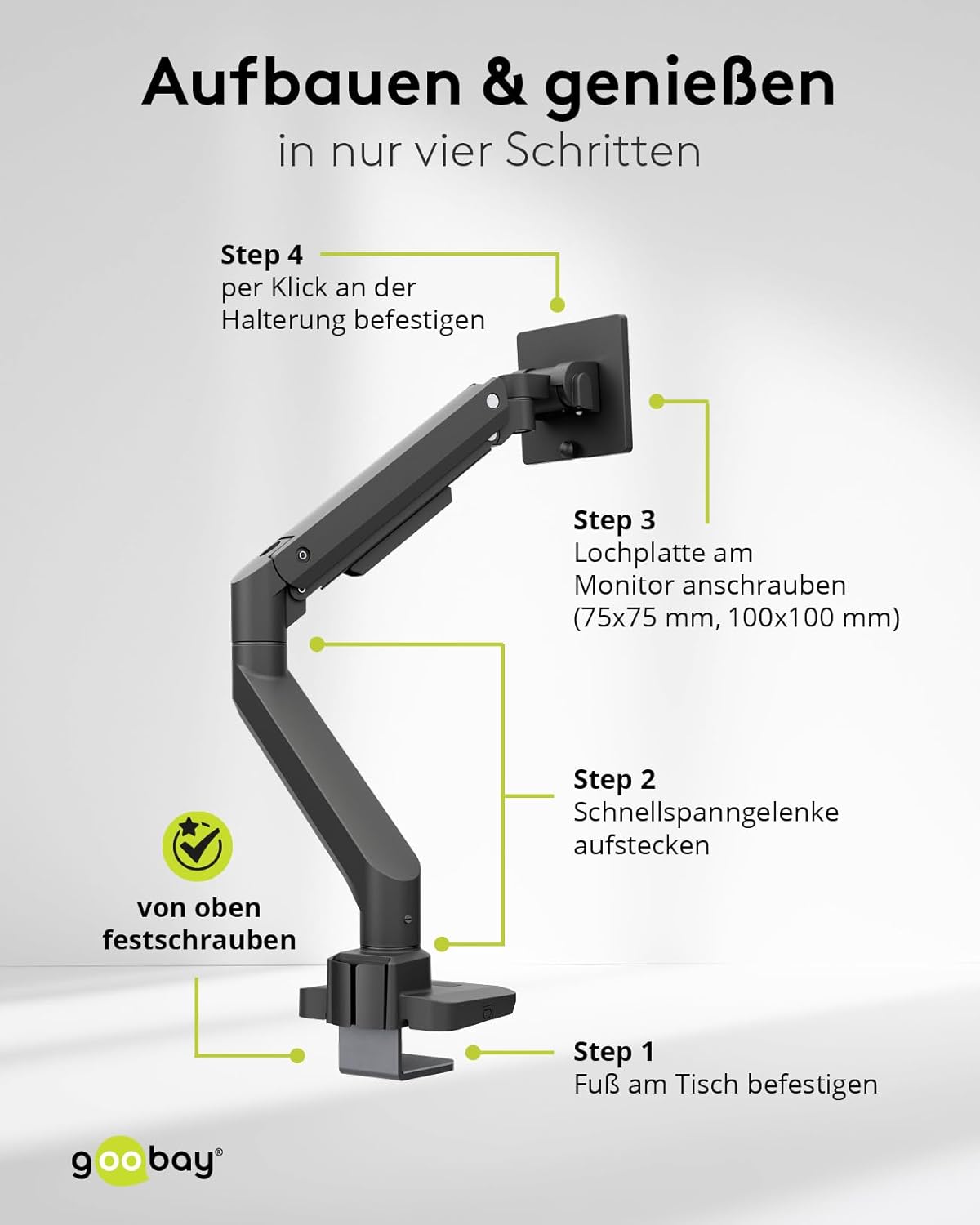 goobay Monitorhalterung mit Gasdruckfeder, für XL-Bildschirme von 17 bis 49 Zoll (43-124 cm), max. 20 kg, Gaming- und Curved Monitore, VESA 75/100mm, schwarz