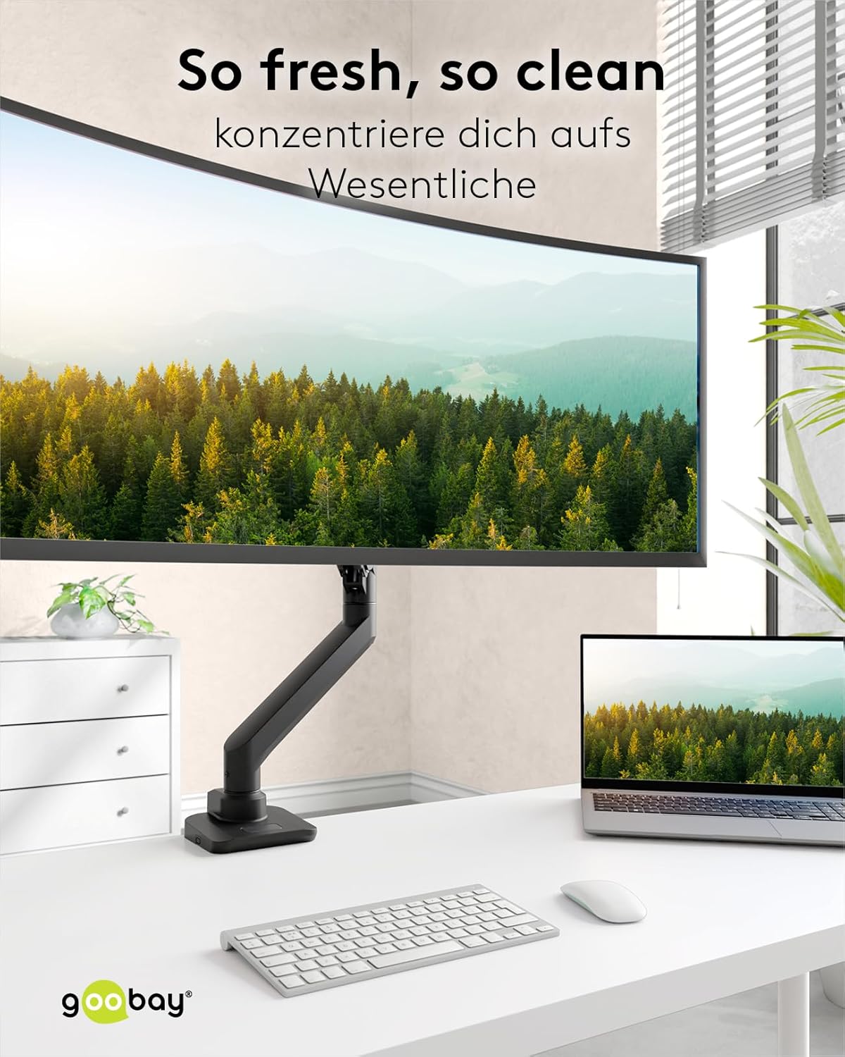goobay Monitorhalterung mit Gasdruckfeder, für XL-Bildschirme von 17 bis 49 Zoll (43-124 cm), max. 20 kg, Gaming- und Curved Monitore, VESA 75/100mm, schwarz