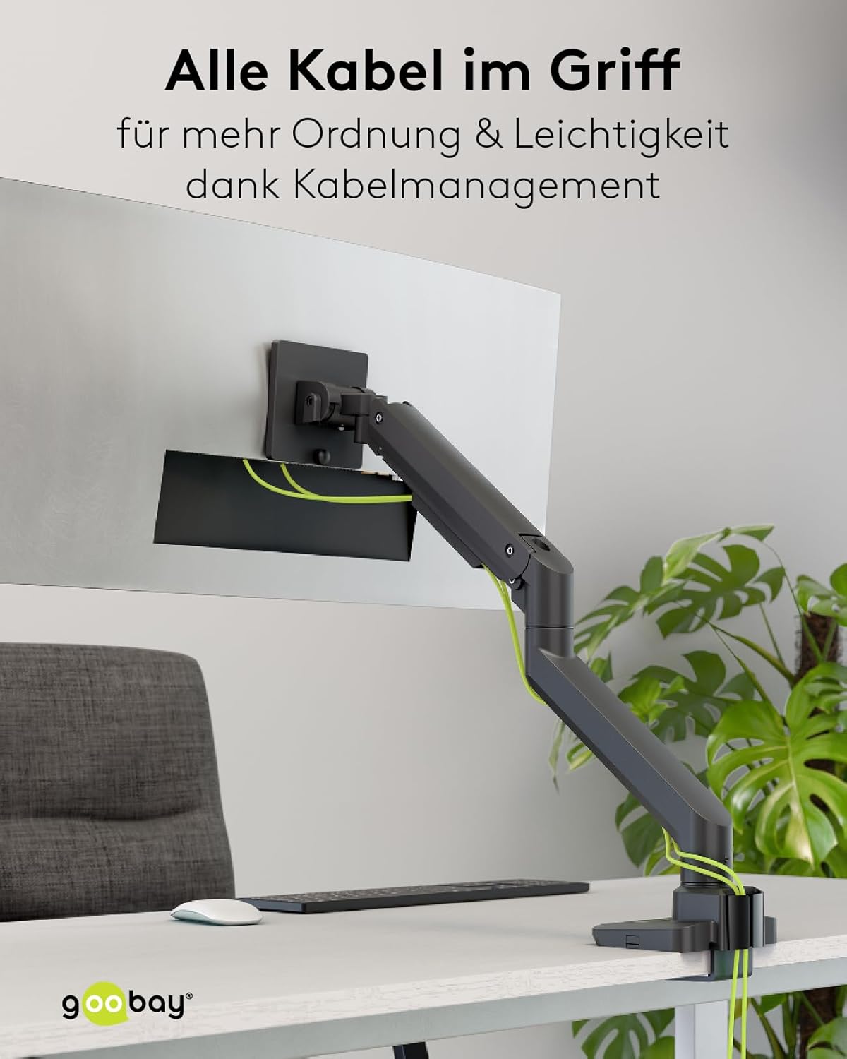 goobay Monitorhalterung mit Gasdruckfeder, für XL-Bildschirme von 17 bis 49 Zoll (43-124 cm), max. 20 kg, Gaming- und Curved Monitore, VESA 75/100mm, schwarz
