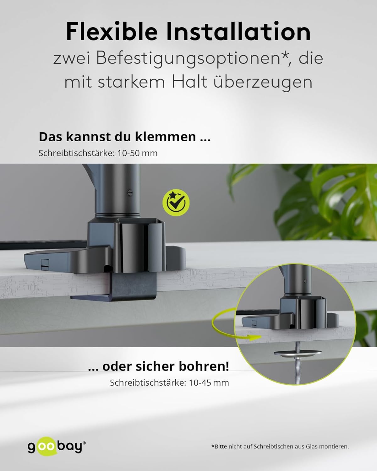 goobay Monitorhalterung mit Gasdruckfeder, für XL-Bildschirme von 17 bis 49 Zoll (43-124 cm), max. 20 kg, Gaming- und Curved Monitore, VESA 75/100mm, schwarz