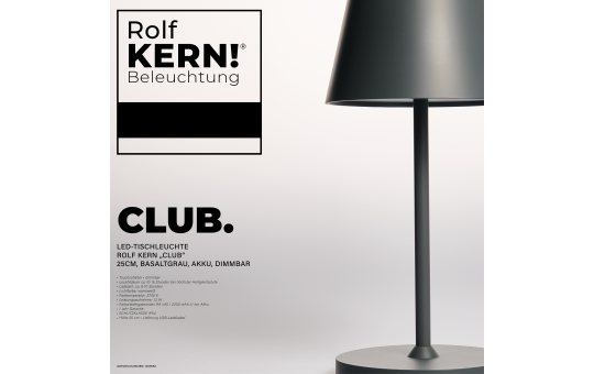 ROLF KERN LED Tischlampe | CLUB 25cm | Aufladbarer Akku Tischleuchte ohne Kabel, dimmbar per Touch, IP54 für Innen und Außen geeignet 2700K Licht warmweiß mit USB Ladekabel, basaltgrau [Energieklasse G]