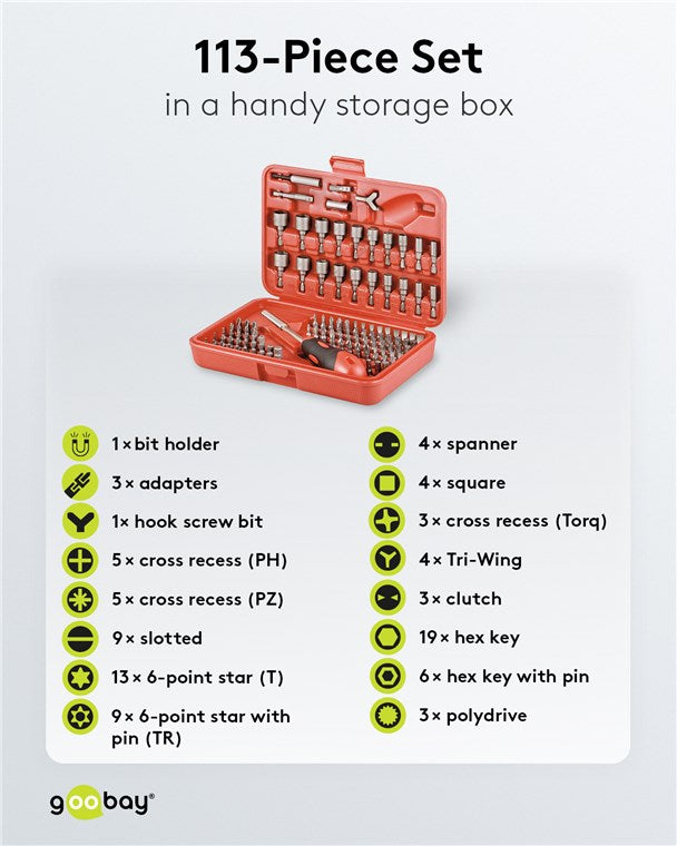 Bit Set Universal 113 Teile / Bitsatz mit magnetischen Bitschraubendreher 6,3mm / S2 Werkzeugstahl / Steckschlüsselsatz inkl. Box / Magnetische Bits / Bitbox Werkzeugset