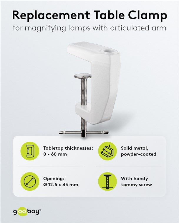 Goobay Tischklemme für LED Lupenleuchte zur Montage an Tischplatten von 0 - 60 mm Lupenlampen Lupe Metall Befestigung / Weiß