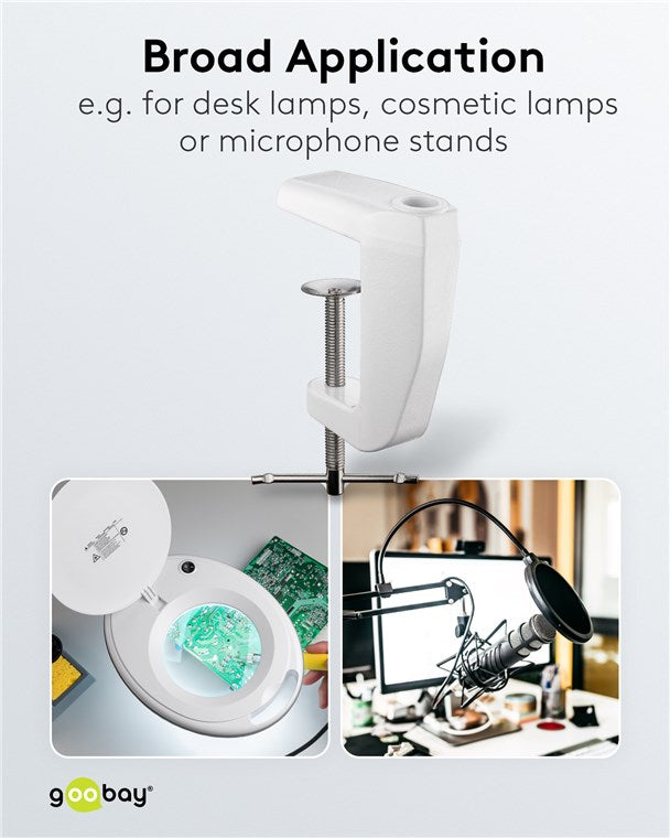 Goobay Tischklemme für LED Lupenleuchte zur Montage an Tischplatten von 0 - 60 mm Lupenlampen Lupe Metall Befestigung / Weiß