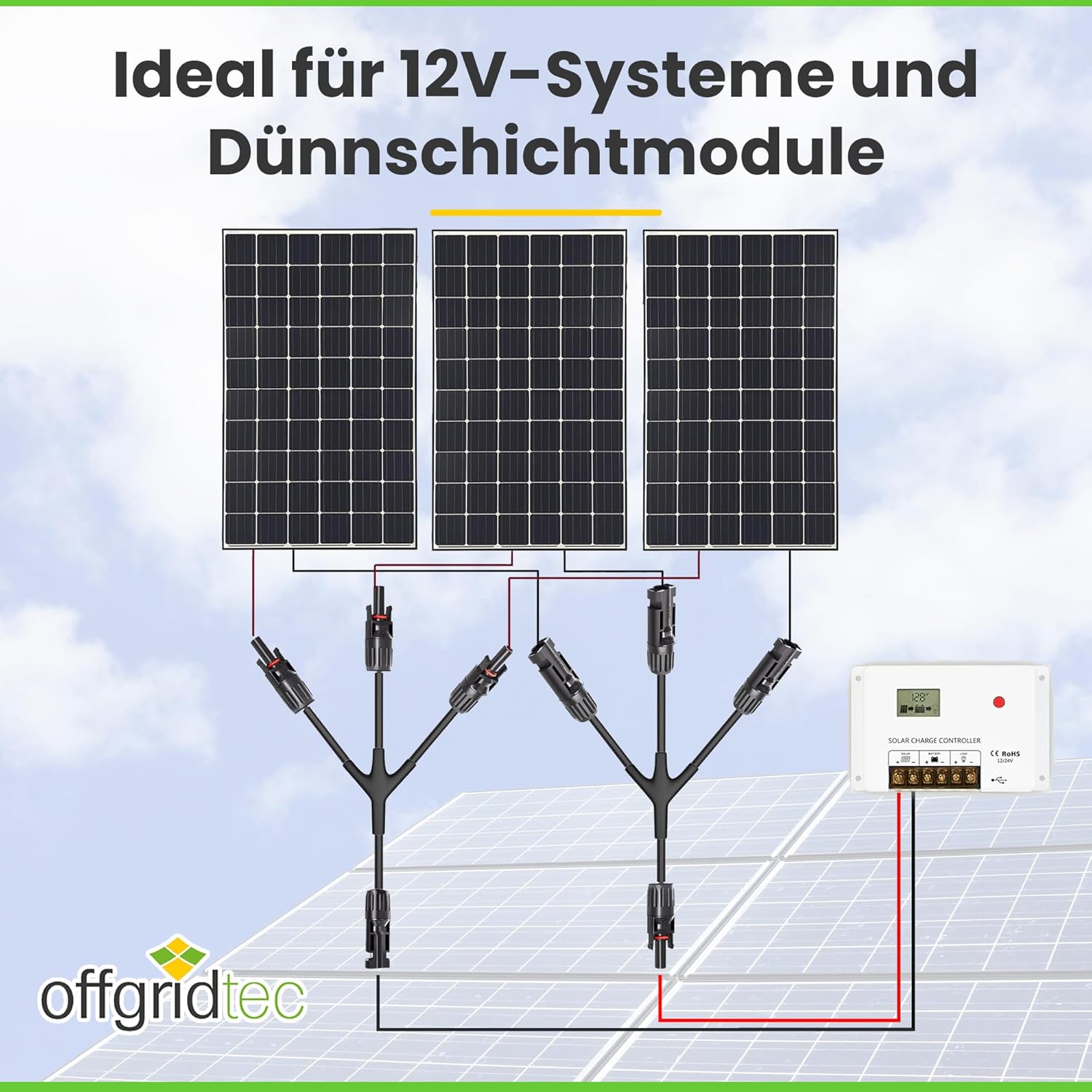 3-fach T-Verbinder-Set für Solarmodule mit 54 cm 6 mm² Kabelverlängerung, Snap-In Verriegelung, Easy-Click System, IP67 Schutzklasse, bis zu 1000V DC, für Outdoor-Solaranlagen (1 Paar)