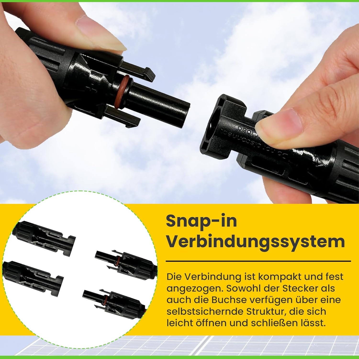 2-Wege Y-Verbinder-Set für Solarmodule mit 34 cm 6mm² Kabelverlängerung, Snap-In Verriegelung, Easy-Click System, IP67 Schutzklasse, bis zu 1000V DC, für Outdoor-Solaranlagen (1 Paar)