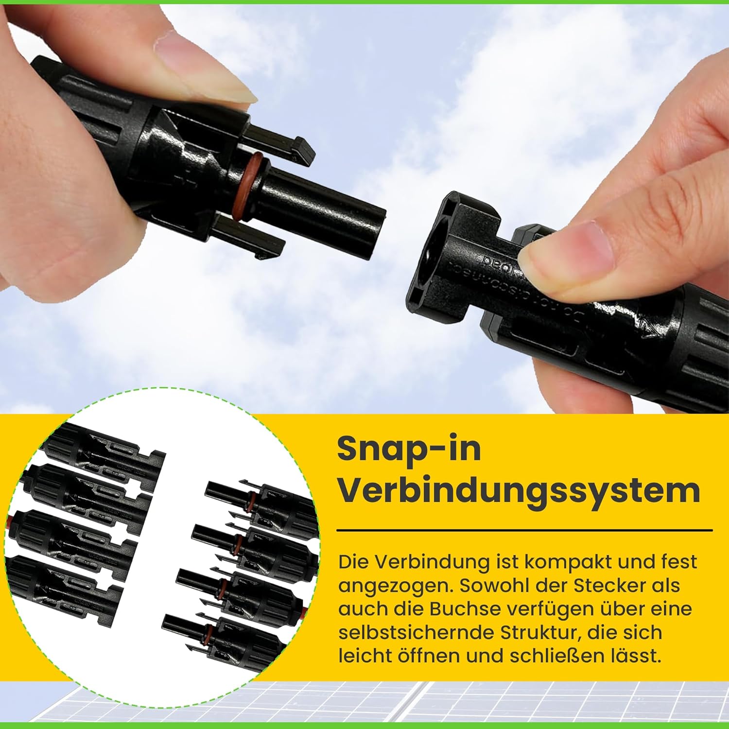 4-fach T-Verbinder-Set für Solarmodule mit 54 cm 6 mm² Kabelverlängerung, Snap-In Verriegelung, Easy-Click System, IP67 Schutzklasse, bis zu 1000V DC, für Outdoor-Solaranlagen (1 Paar)