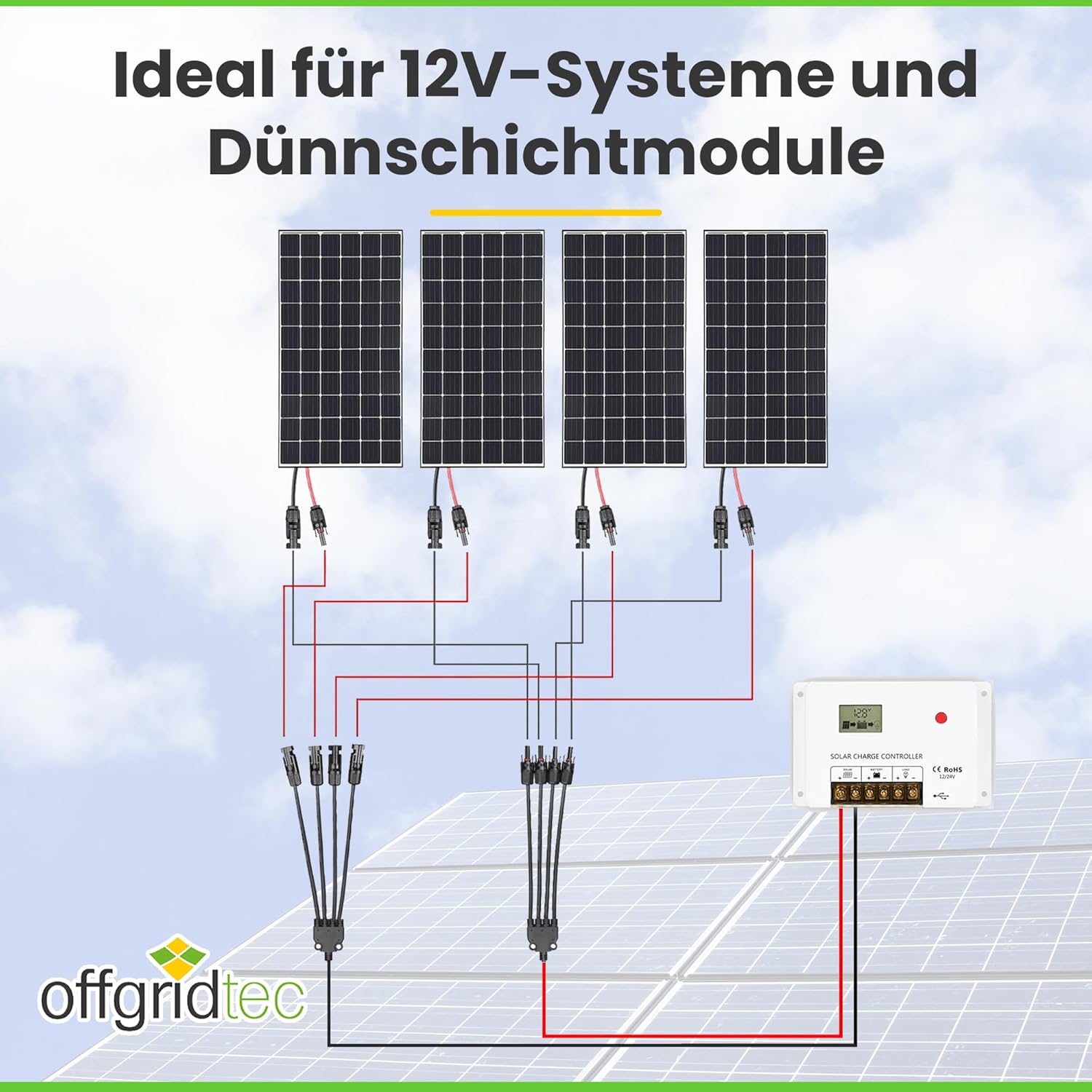 4-fach T-Verbinder-Set für Solarmodule mit 54 cm 6 mm² Kabelverlängerung, Snap-In Verriegelung, Easy-Click System, IP67 Schutzklasse, bis zu 1000V DC, für Outdoor-Solaranlagen (1 Paar)