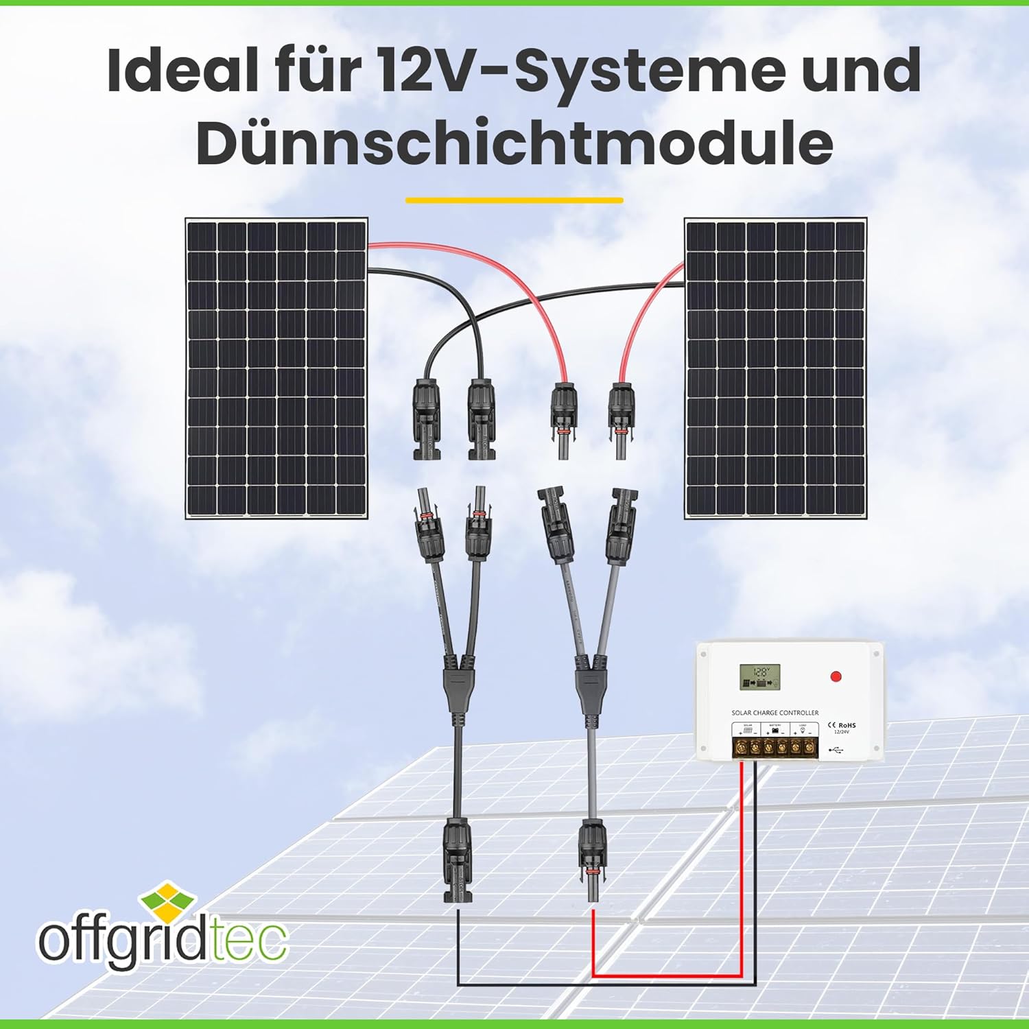 2-Wege Y-Verbinder-Set für Solarmodule mit 34 cm 6mm² Kabelverlängerung, Snap-In Verriegelung, Easy-Click System, IP67 Schutzklasse, bis zu 1000V DC, für Outdoor-Solaranlagen (1 Paar)