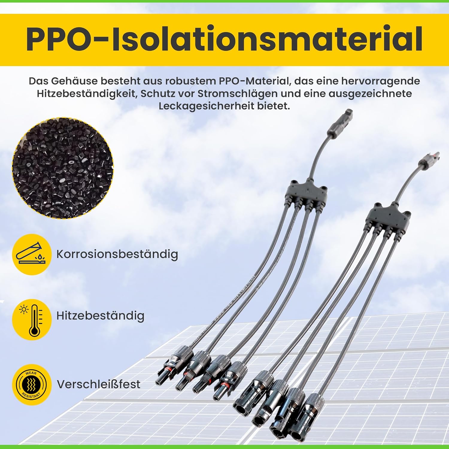 4-fach T-Verbinder-Set für Solarmodule mit 54 cm 6 mm² Kabelverlängerung, Snap-In Verriegelung, Easy-Click System, IP67 Schutzklasse, bis zu 1000V DC, für Outdoor-Solaranlagen (1 Paar)