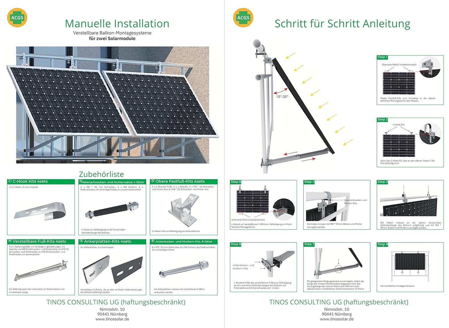 4 Stück für 2 Module Halterung für Solarpanel - Aufständerung für Solarmodule Photovoltaik Aufständerung Montageset Solar Einstellbarer Winkel für Balkon, Flachdach oder Garten