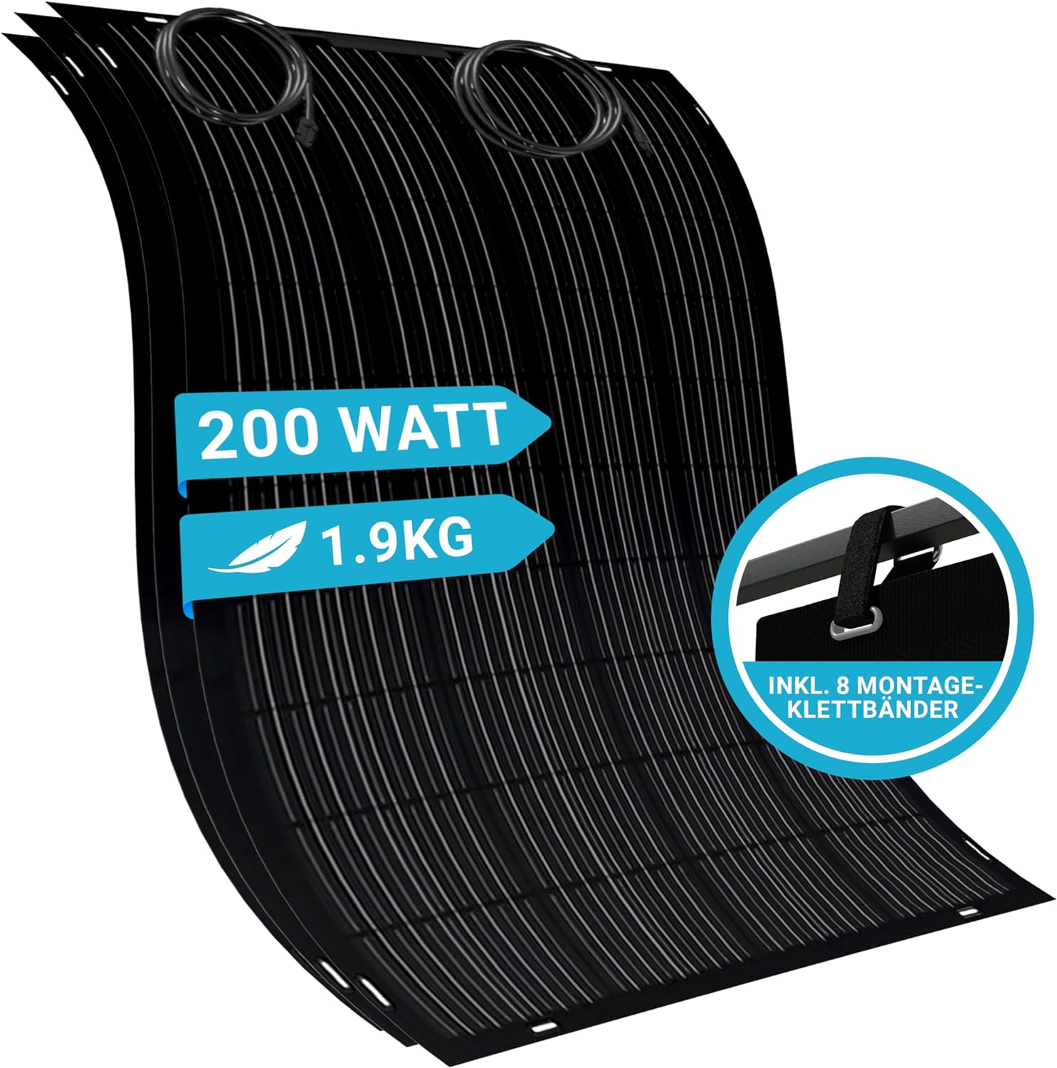 Flexibles Solarpanel 200 Watt Full-Black mit Befestigung DB200FLEX | Solarmodule für Balkonkraftwerk, Camping, Boot I Mit 19,5% Wirkungsgrad | Wasserdichtes Solarmodul begehbar (Anschluss: vorne)
